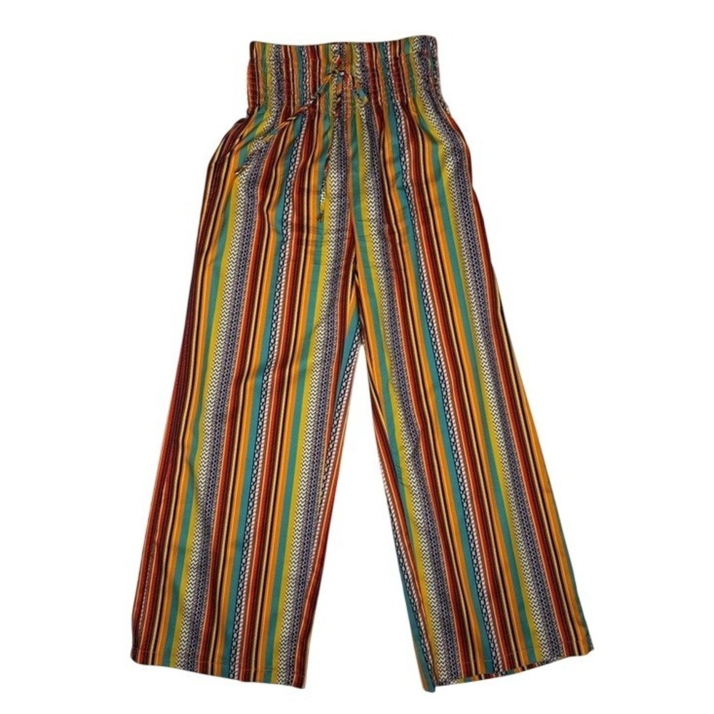 Womens‎ Multicolor Striped High Waisted Smocked Wide Leg Pants Size Medium